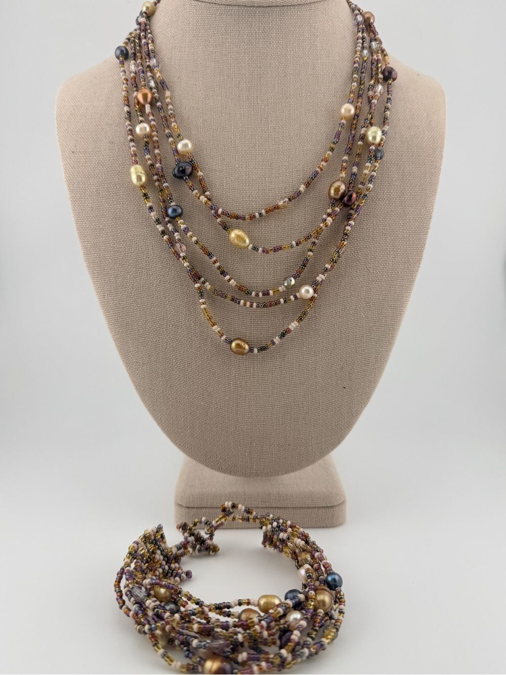 Multi-Strand Seed Bead & Pearl Necklace & Bracelet Set